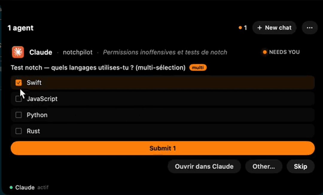 A multiple-choice agent question displayed inside Glance.